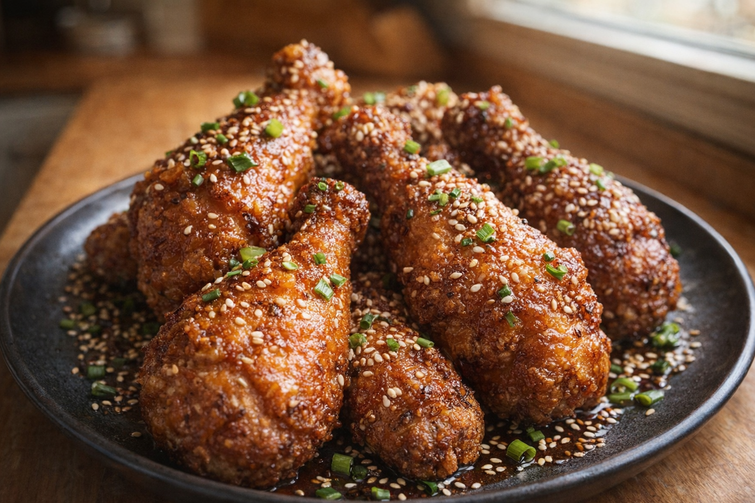 A vibrant overhead shot of golden brown Korean fried chicken drumsticks arranged artfully on a dark plate, glistening with a subtle sheen of oil, garnished with sesame seeds and chopped scallions, warm, inviting light